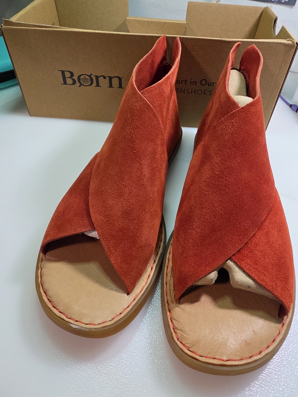 Born Suede Cross-Strap Sandals in Rust Red - Women